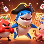 Experience exciting wins at atas casino with a dynamic scene of a pirate shark and friends among spinning slot reels.