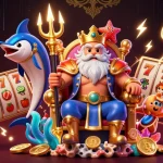 Experience the excitement of slot terpercaya with this vibrant casino-themed illustration featuring Neptune and his companions.