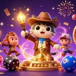 lottovip mengeksplorasi artefak kasino emas di kuil, dikelilingi bola lotere berwarna-warni.