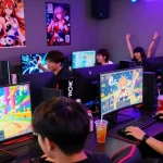 Engaged gamers playing hentai games in a vibrant gaming café, capturing the excitement and community spirit.