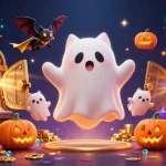 Experience the excitement of ket qua bong da with a ghost cat and vampire bat amidst glowing treasure in a casino
