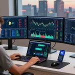 Play exchange cryptocurrency trading monitors and devices highlighting blockchain interactions
