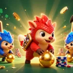 NAGA188 menawarkan ilustrasi kasino yang kaya dengan pangolin bertanding, elemen slot, dan tumpukan chip poker.