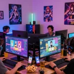 Exciting gaming scene showcasing players immersed in hentai games with colorful LED lights, showcasing popular titles.