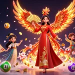 Engage with openarthouse's vibrant lottery scene featuring a graceful ao dai woman and flaming phoenix.