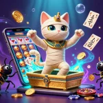 BJ88 showcases a thrilling casino scene with a 3D mummy cat and golden scarab, perfect for engaging gameplay.