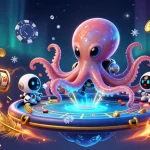 Experience kdslots with an alien octopus navigating a holographic poker table amid cosmic elements.