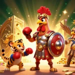 Engage with miototo togel as a gladiator rooster battles in a vibrant, treasure-filled colosseum arena.