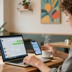 Interactive spicy chat conversation in a cozy café, showcasing digital communication.