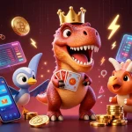 Soi Cầu XSMB showcases a playful dinosaur casino scene with vibrant neon elements and friendly characters.