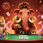 Dewapoker engages players with a vibrant poker scene featuring a mammoth bouncer and slot reels.