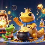 kp88seo offers exciting gameplay with a golden salamander alchemist amidst casino elements and vibrant action.