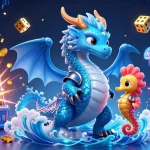 Play exciting games at ta88, featuring a vibrant 3D scene with a lucky slot machine and mystical sea creatures.