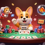 Experience dynamic gaming at SHBET with a floating corgi astronaut in a lively casino.