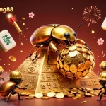 Engage with keonhacaibong88 through a captivating scene of beetles rolling golden coins in a lively casino atmosphere.