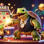 B52 online casino featuring a vintage mobster turtle with jackpot symbols amidst vibrant gaming action.