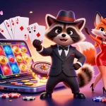 Dynamic casino scene with a suave raccoon, charming fox, and hedgehog, enjoying 789p gaming excitement.