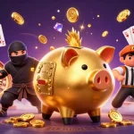 Experience the thrill of แทงบอลเต็ง with a golden piggy bank sumo wrestler, wallet-ninja, and samurai referee in an exciting 3D casino scene.