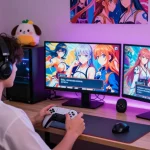 Player enjoying hentai games in a cozy gaming space, surrounded by vibrant art and merchandise.