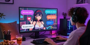 Engaging hentai chat with an animated character in a cozy digital setting, showcasing playful interactions and vibrant atmosphere.