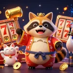 Play Game Bài Tiến Lên at the vibrant casino scene featuring a cheerful tanuki and good luck symbols