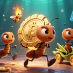 MM88 ants escape with a giant poker chip, surrounded by crypto coins and casino elements.