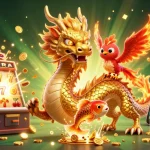 Experience winning with rejekihoki, a dynamic casino scene featuring a golden dragon, phoenix, and koi fish.