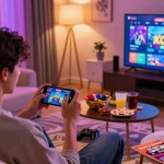 Enjoying KO66 gaming app on smartphone in a cozy living room