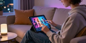 Interactive user engaging with nsfw ai on tablet in cozy modern setting