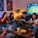 Teman bermain SLOT GACOR di ruang tamu dengan perangkat gaming dan suasana ceria.
