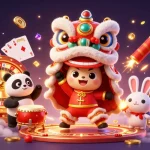 Experience the thrill of KJC's online casino with a lively lion dance and dynamic gaming elements.