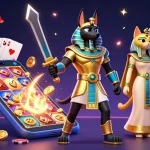 M88 link alternatif menampilkan dua karakter Mesir kuno dan elemen kasino dalam ilustrasi 3D yang meriah.