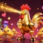 Experience the excitement of hargatoto with a dynamic illustration featuring a golden rooster robot and slot game elements.