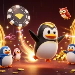 Experience the thrill of afb88my with a golden penguin racing toward a dazzling casino!