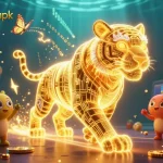 Engage with the rejekibet apk in an energetic casino scene, featuring a golden tiger and holographic visuals
