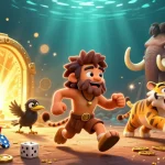 Experience thrilling gaming with deposit 5000 at a lively prehistoric casino featuring sabertooth tiger, caveman, and crow.