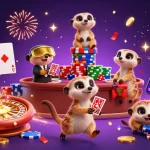 Engage with Sunwin Official as meerkats run a lively casino with vibrant elements and casino excitement.