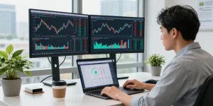 Обзор отзывов bitmex в трейдинговом офисе с мониторами и графиками.