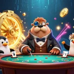 Experience the excitement of PayID online pokies with our vibrant 3D illustration showcasing a jolly walrus, sophisticated dealer, and bluffing pufferfish.