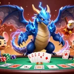 Experience thrilling gaming at Sunwin with a dynamic thunder dragon, poker chips, and a festive atmosphere.