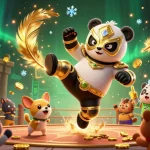 Betya action scene with a wrestling panda and animal spectators surrounded by casino-themed elements.
