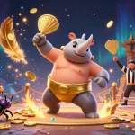 Experience winning moments at Onbet with a rhinoceros beetle sumo champion amid a dynamic casino scene.