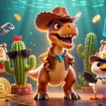 Engage with menangclub88 through an exciting 3D scene of a cowboy T-Rex and vibrant slot game elements.