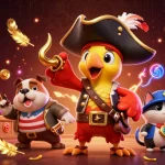 Dhani win themed illustration showcasing a pirate captain, bulldog, and cat navigating an exciting casino landscape.