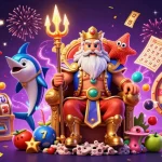 Experience gaming excitement at BRO138 di Shop Velouria with vibrant slot reels and festive casino elements.