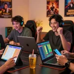 Exciting ulartoto togel players engaged in an online game, showcasing a vibrant gaming atmosphere with diverse participants.