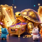 Experience thrilling gaming at U888 with our dynamic casino illustration featuring exciting elements and a golden tortoise.