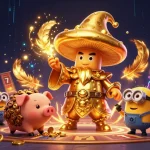 Experience magic at kdslot with golden wizard and treasures in a vibrant 3D scene.