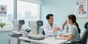icl казань вакансии detailed eye consultation scene with patient and doctor in modern clinic
