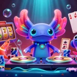 Experience vibrant slot gacor 777 action with neon axolotl DJ and colorful casino elements.